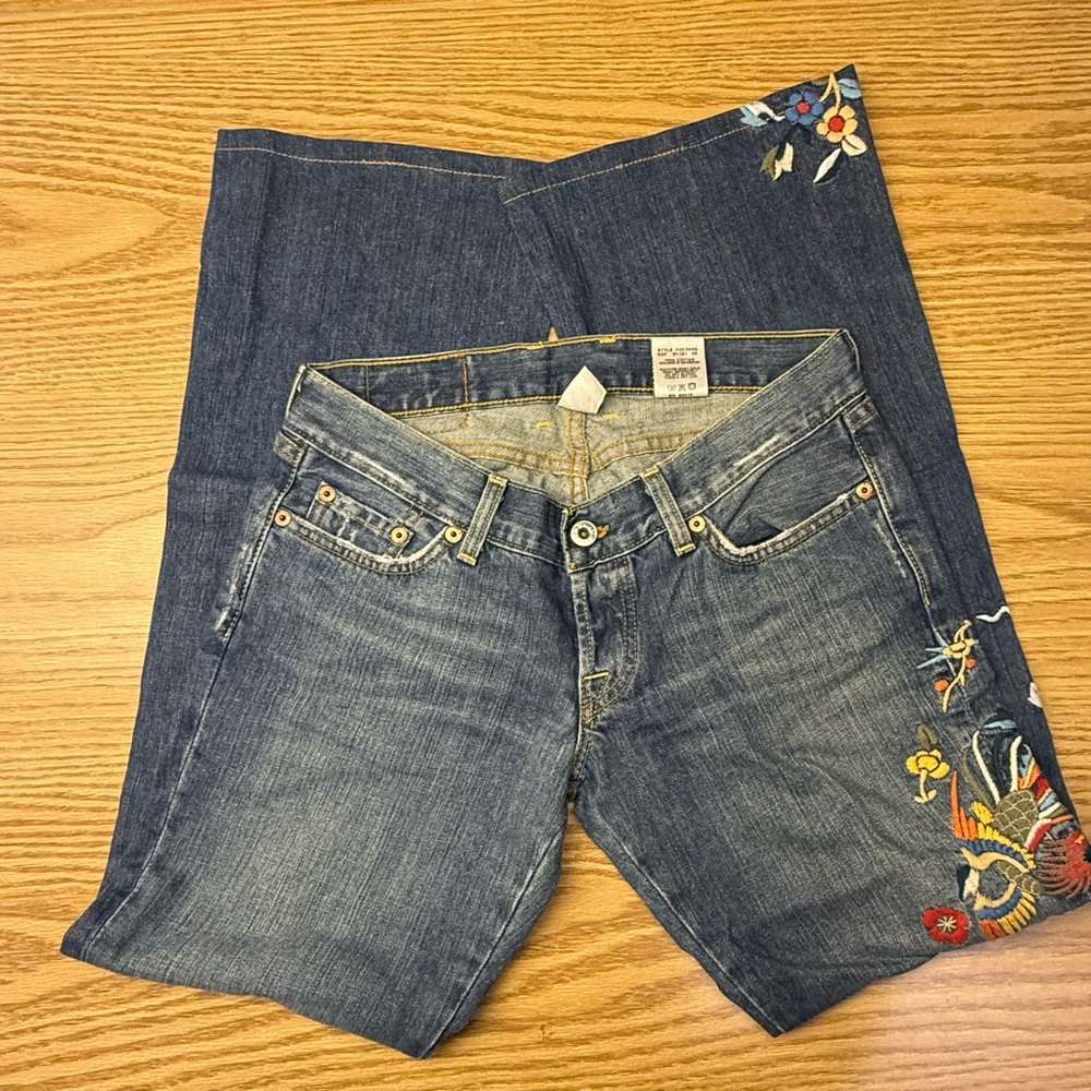 Lucky Brand Blue Denim Flare Jeans with Floral Embroidery - Picture 3 of 15